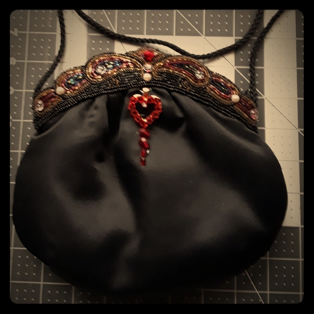 Upcycled Black satin shoulder bag, purse